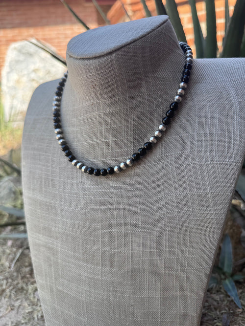 Handcrafted Sterling Silver Pearl & Black Onyx 6mm Beaded 16" Necklace