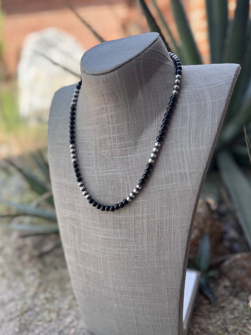 Handcrafted Sterling Silver Pearl & Black Onyx 6mm Beaded 20" Necklace