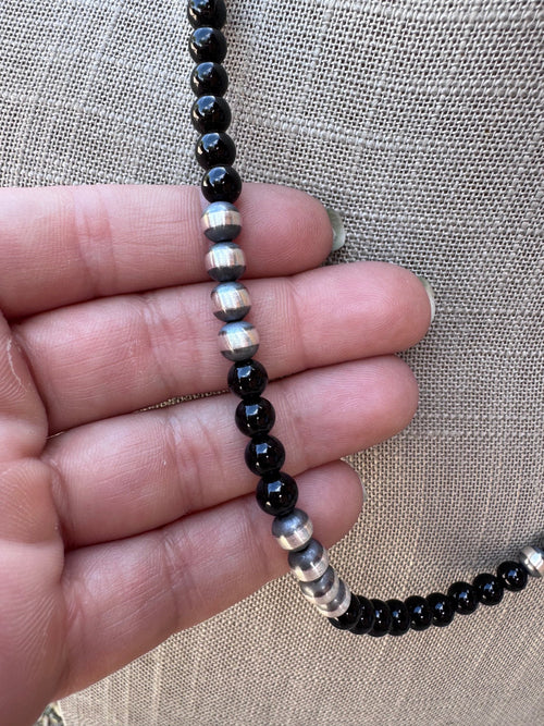 Handcrafted Sterling Silver Pearl & Black Onyx 6mm Beaded 20" Necklace