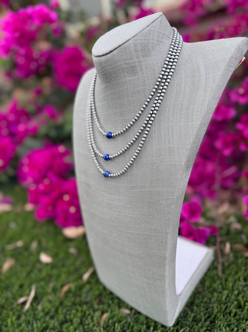 Handcrafted Lapis & Sterling Silver Pearl 4mm Beaded Necklace