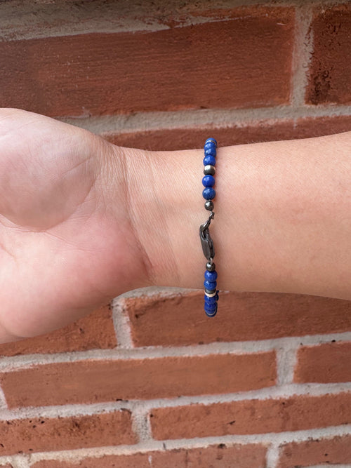 Handcrafted Lapis & Sterling Silver Pearl 4mm Beaded Bracelet 7.5"