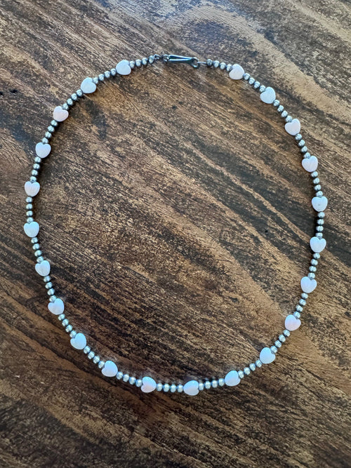 Handcrafted Sterling Silver & Pink Conch Heart 3mm beaded 16" Necklace