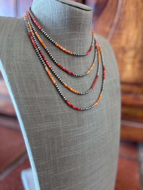 Handcrafted Red Spiny, Orange Spiny & Sterling Silver Pearl 3mm Beaded Necklace