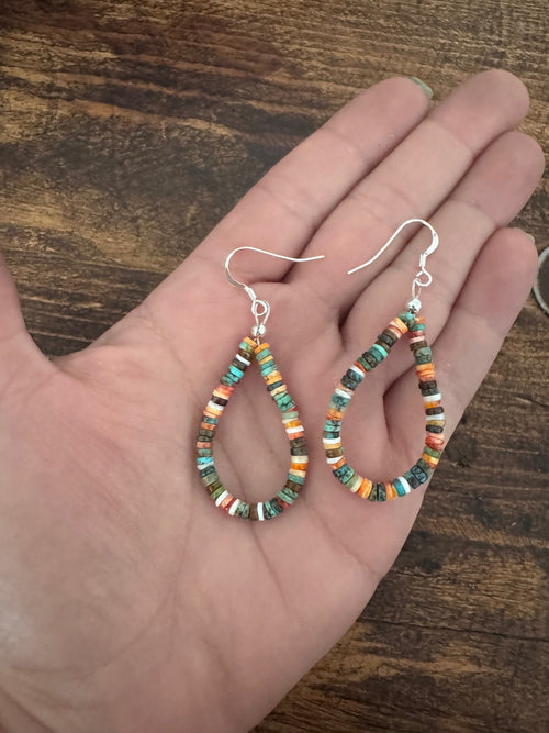 Handcrafted Turquoise, Spiny & Sterling Silver Beaded Dangle Hoop Earrings