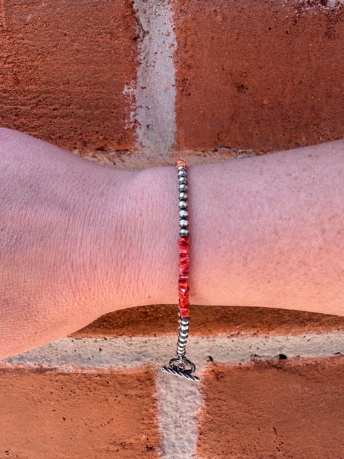 Handcrafted Red Spiny, Orange Spiny & Sterling Silver Beaded Bracelet 7.5"
