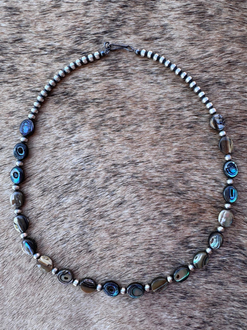 Handcrafted Abalone Oval & Sterling Silver Pearl 4mm Beaded Necklace