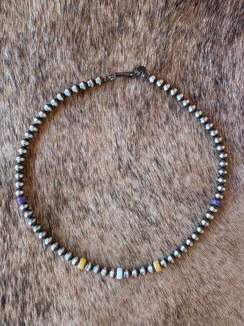 Handcrafted Fire Opal Collection & Sterling Silver Pearl Beaded 5mm Necklace 14"