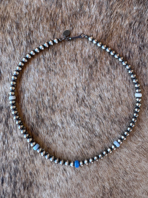 Handcrafted Fire Opal Collection & Sterling Silver Pearl Beaded 5mm Necklace 14"