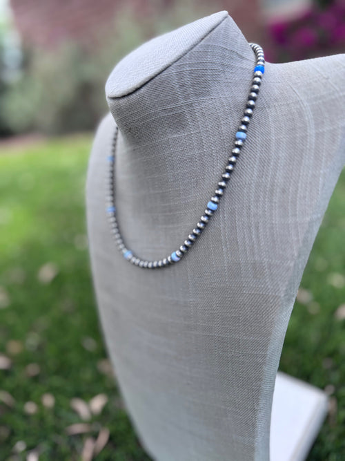 Handcrafted Blue Fire Opal & Sterling Silver Pearl Beaded 5mm Necklace 18"