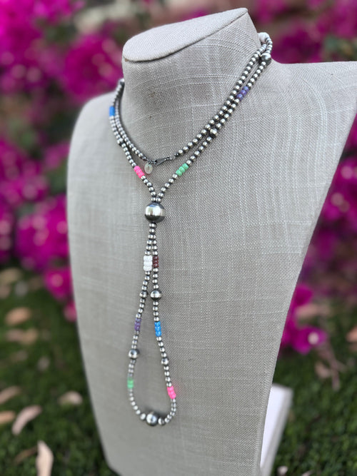 Handcrafted Fire Opal Collection & Sterling Silver Pearl 4-14mm Beaded Jacla Necklace 30"