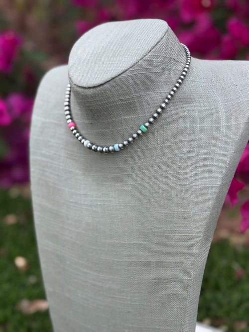 Handcrafted Fire Opal Collection & Sterling Silver Pearl Beaded 3-6mm Necklace 14"