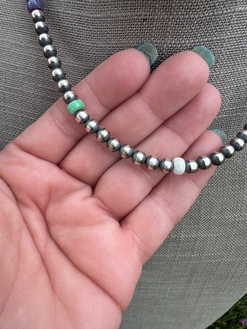 Handcrafted Fire Opal Collection & Sterling Silver Pearl Beaded 5mm Necklace 18"