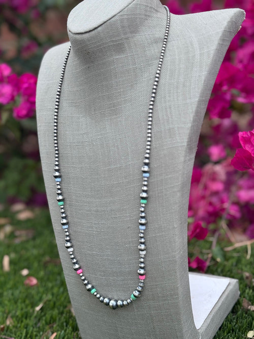 Handcrafted Fire Opal Collection & Sterling Silver Pearl Beaded 3-10mm Necklace 30"
