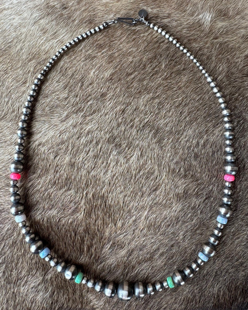 Handcrafted Fire Opal Collection & Sterling Silver Pearl Beaded 3-10mm Necklace 18"