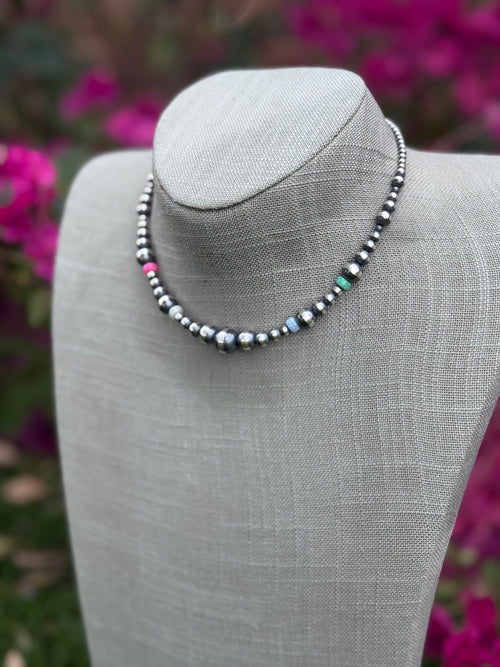 Handcrafted Fire Opal Collection & Sterling Silver Pearl Beaded 3-10mm Necklace 14"
