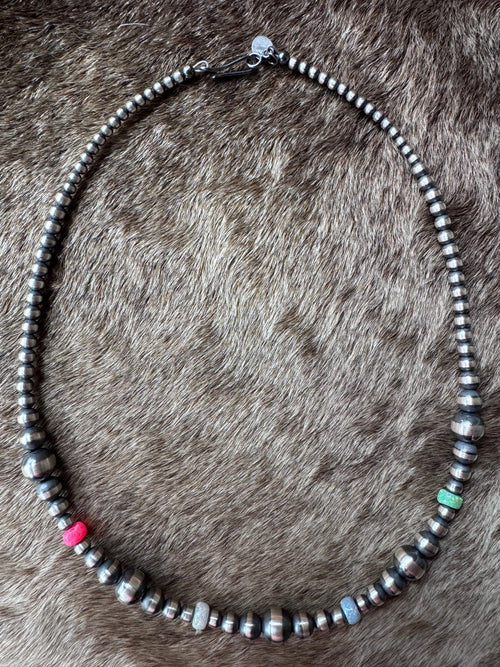 Handcrafted Fire Opal Collection & Sterling Silver Pearl Beaded 3-8mm Necklace 16"