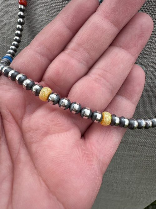 Handcrafted Fire Opal Collection & Sterling Silver Pearl Beaded 5mm Necklace 20"
