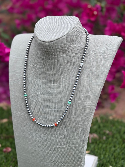 Handcrafted Fire Opal Collection & Sterling Silver Pearl Beaded 5mm Necklace 22"