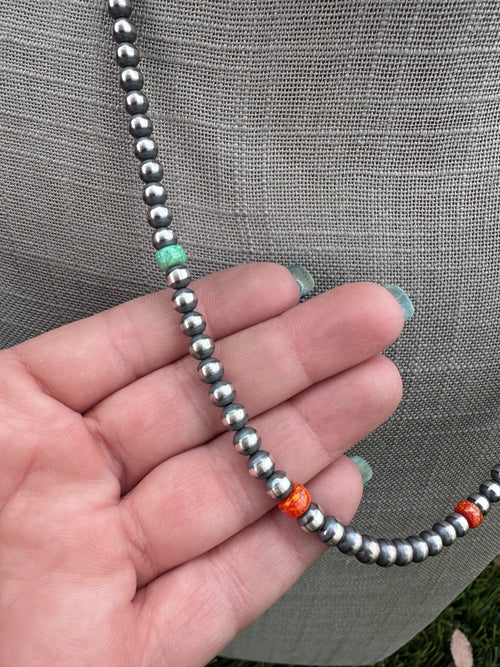 Handcrafted Fire Opal Collection & Sterling Silver Pearl Beaded 5mm Necklace 22"