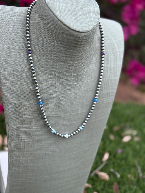 Handcrafted Fire Opal Collection & Sterling Silver Pearl Beaded 5mm Necklace 22"