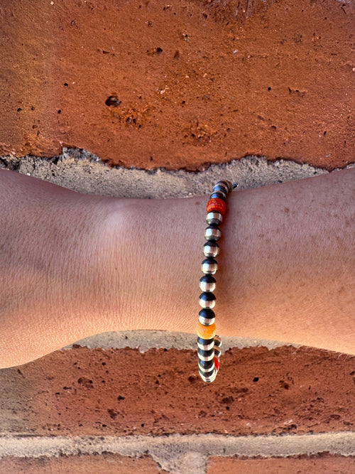 Handcrafted Fire Opal Collection & Sterling Silver Pearl 5mm Beaded Bracelet 7.5"