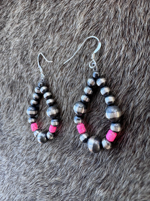 Handcrafted Hot Pink Fire Opal & Sterling Silver Pearl 4-6mm Beaded Hoop Dangle Earring