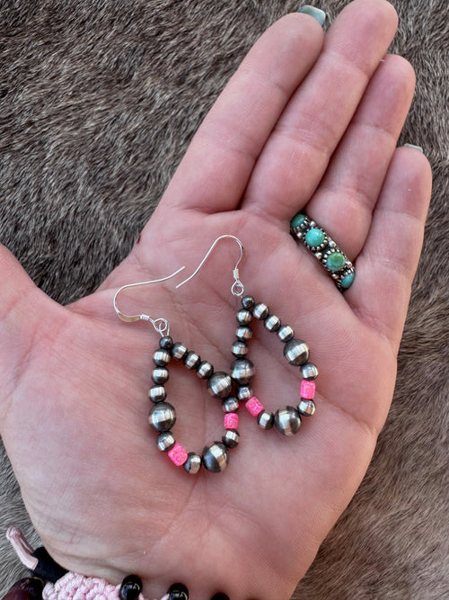 Handcrafted Hot Pink Fire Opal & Sterling Silver Pearl 4-6mm Beaded Hoop Dangle Earring