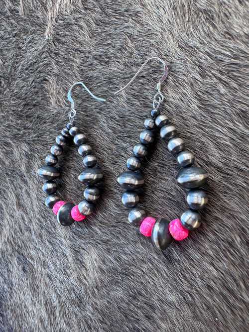 Handcrafted Hot Pink Fire Opal & Sterling Silver Pearl 4-8mm Mixed Beaded Hoop Dangle Earring