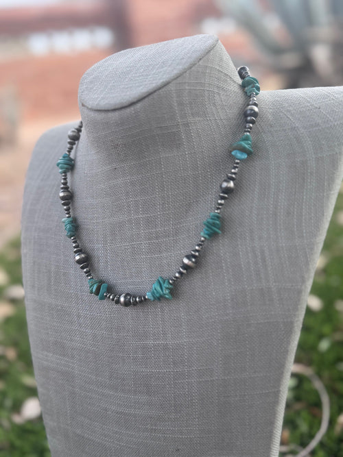 Handcrafted Turquoise & Sterling Silver Pearl 3-8mm Mixed Beaded Necklace 18"