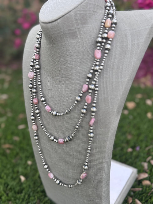 Handcrafted Sterling Silver & Pink Conch 3-8mm Pearl beaded Necklace 72"