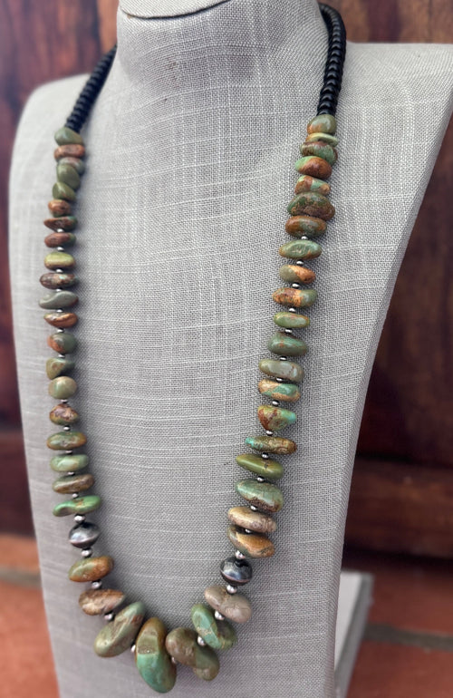 Handmade Thunderbird Turquoise & Sterling Silver Beaded Necklace 30"