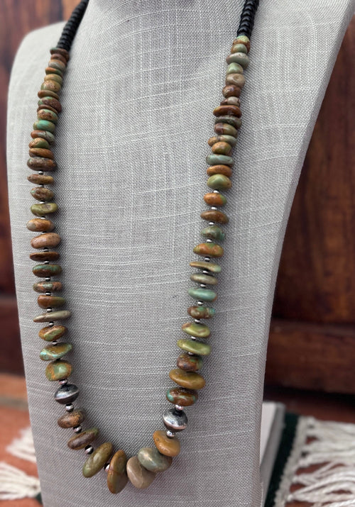 Handmade Thunderbird Turquoise & Sterling Silver Beaded Necklace 31"
