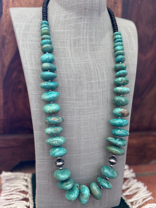 Handmade Royston Turquoise & Sterling Silver Beaded Necklace 32"