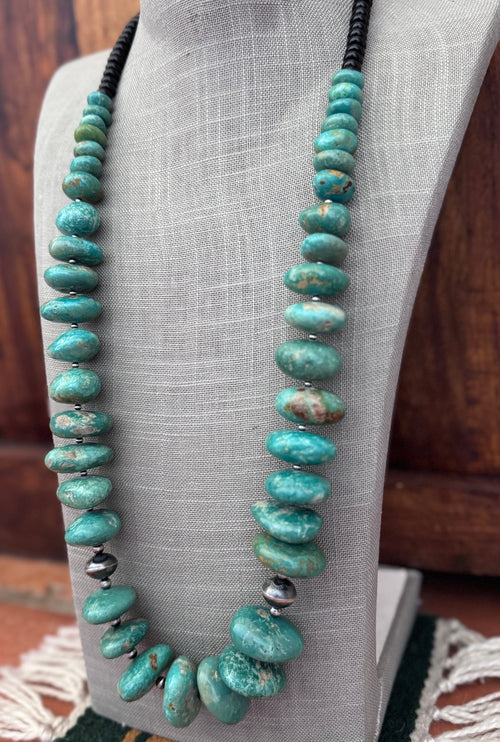Handmade Royston Turquoise & Sterling Silver Beaded Necklace 32"