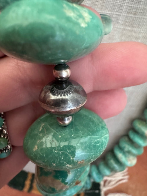 Handmade Royston Turquoise & Sterling Silver Beaded Necklace 32"