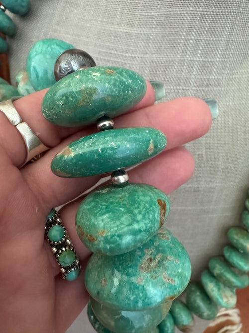 Handmade Royston Turquoise & Sterling Silver Beaded Necklace 32"