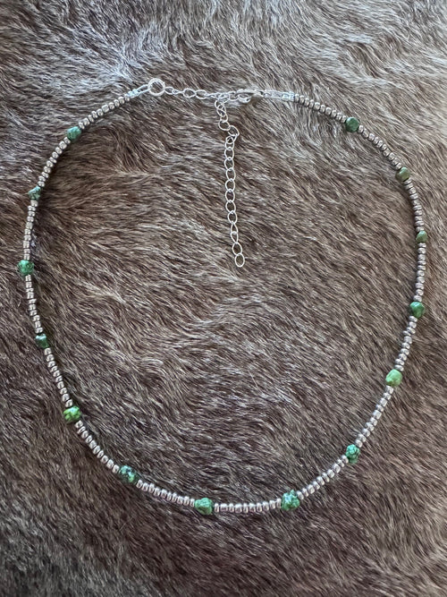 Handmade Green Turquoise & Silver Glass Seed 3mm Beaded Necklace 14"