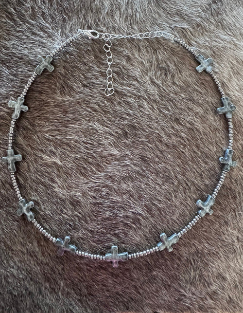 Handmade Silver Plated Cross & Silver Glass Seed 3mm Beaded Necklace 15"-18"