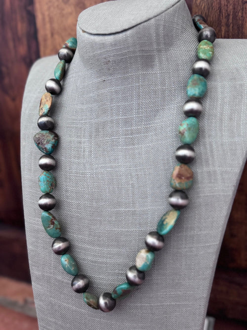 Handcrafted Sterling Silver & Royston Turquoise 14mm Beaded Necklace 25"