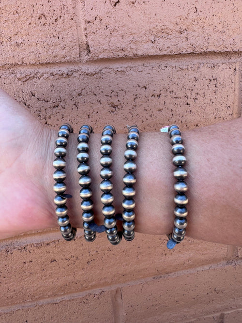 Handmade Sterling Silver Square Cotton Candy 6mm Beaded Stretch Bracelet with Signed Nizhoni