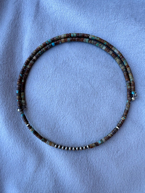 Handcrafted Turquoise & Sterling Silver Beaded Wrap Choker Necklace