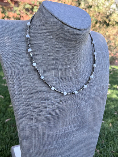 Handmade White Howlite & Silver Glass Seed 3mm Beaded Necklace 14"-18"