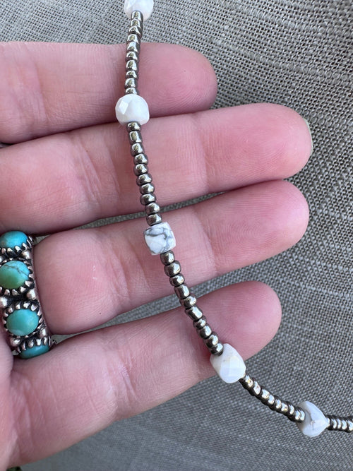 Handmade White Howlite & Silver Glass Seed 3mm Beaded Necklace 14"-18"