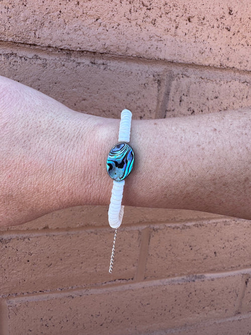 Handmade Abalone Shell & Silver Plated Beaded Bracelet 7"