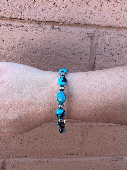 Handmade Turquoise and Sterling Silver 5mm Beaded Bracelet 6"