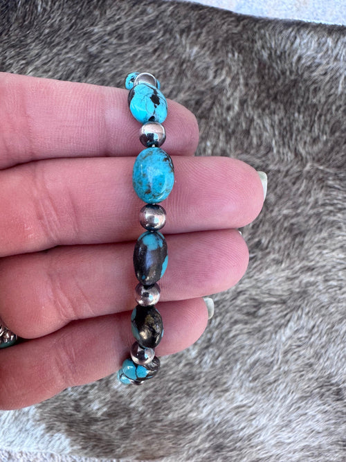 Handmade Turquoise and Sterling Silver 5mm Beaded Bracelet 6"