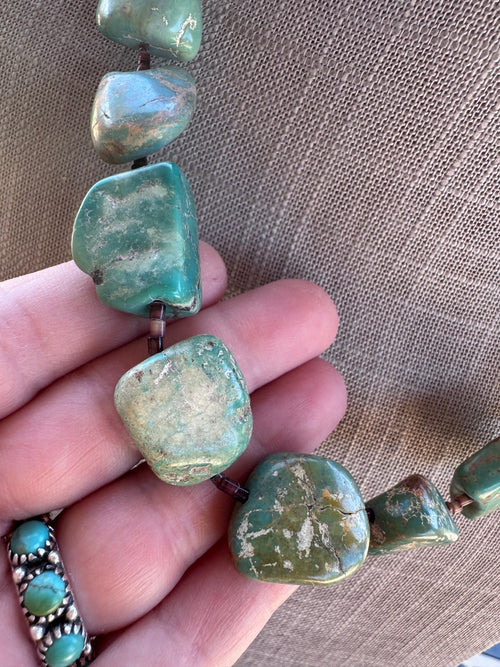 Handmade Green Turquoise Nugget & Brown Shell Beaded Necklace 20"