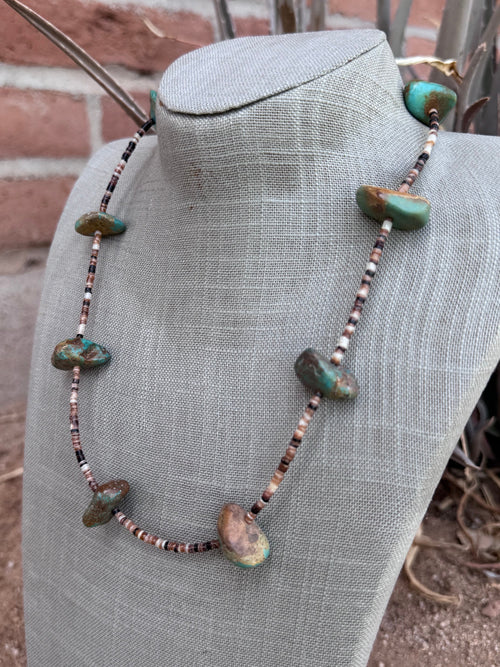 Handmade Nugget Natural Turquoise & Dark Shell Beaded Necklace 22"