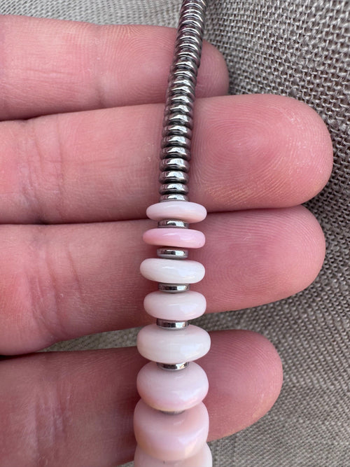 Handmade Graduated Pink Conch & Sterling Silver Beaded Statement Necklace 22"