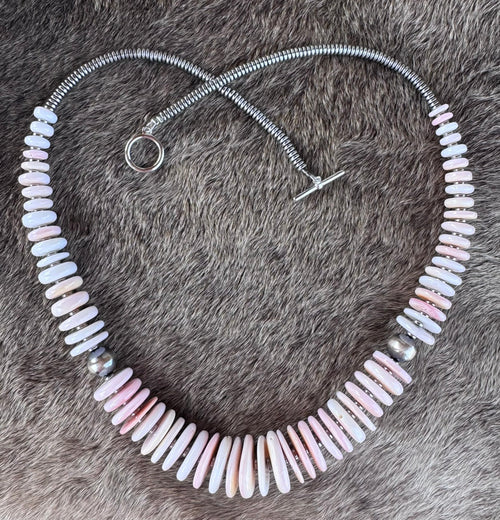 Handmade Graduated Pink Conch & Sterling Silver Beaded Statement Necklace 22"